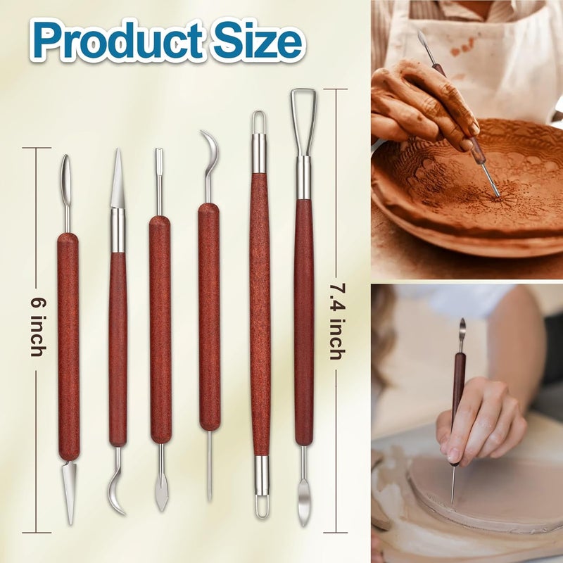 Amrules Clay Tools Kit, 6 PCS Red Wooden Clay Sculpting Tools, Double Head Practical Polymer Tool Set Suitable for Adults, Pottery Craft, Carving, Modeling and Shaping - Image 2